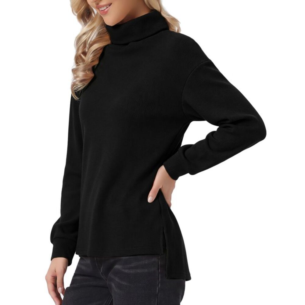 Women's Casual Chic Side Split Fall Outfits TurtleNeck Tops Black